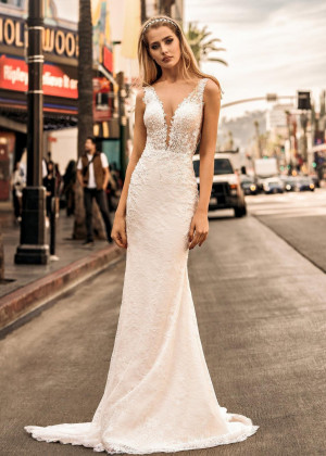 Beaded V Neck Ivory Lace Long Wedding Dress